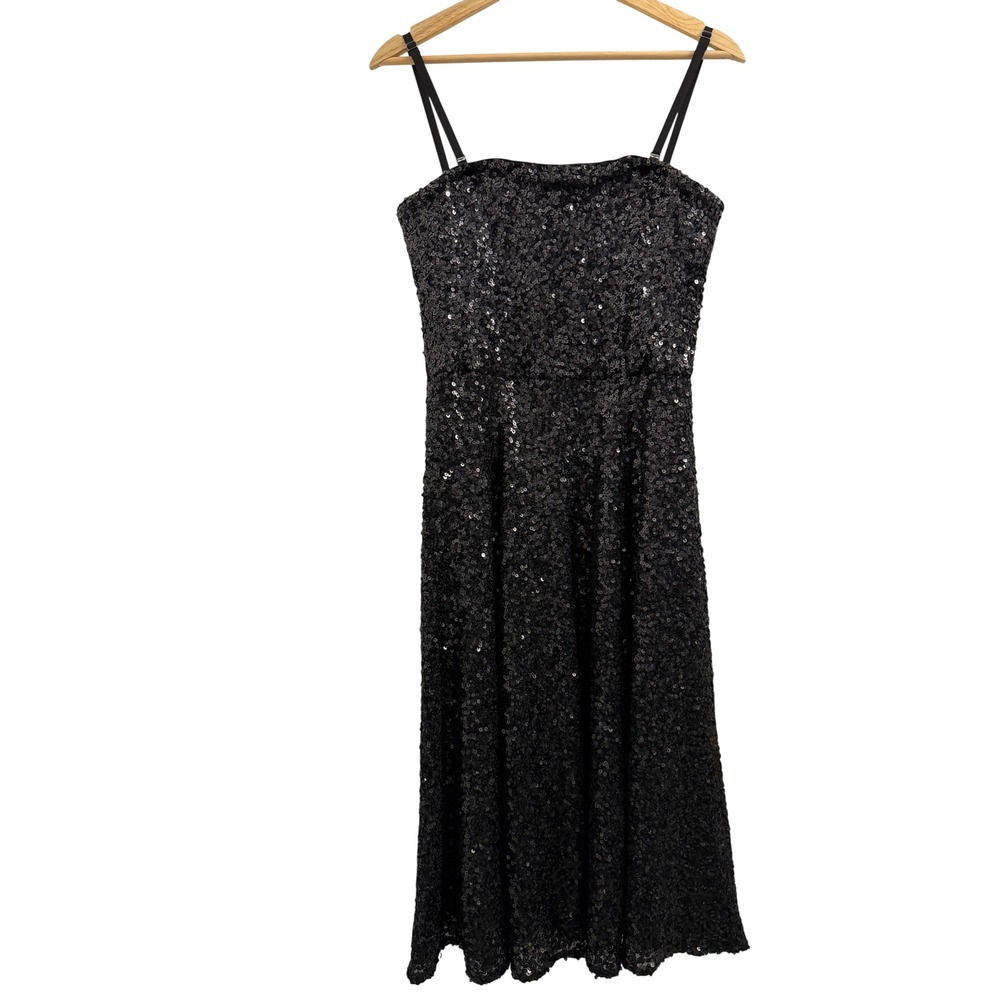 Dress The Population Ruby Jet Black Sequin Midi Dress Womens Medium DDR197-K864 - Picture 2 of 7